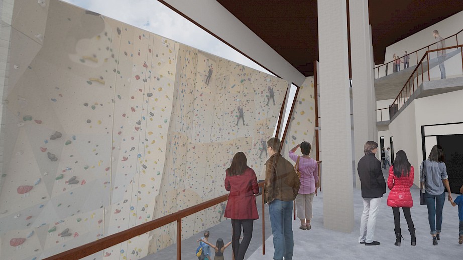 Interior view showing the rock climbing wall
