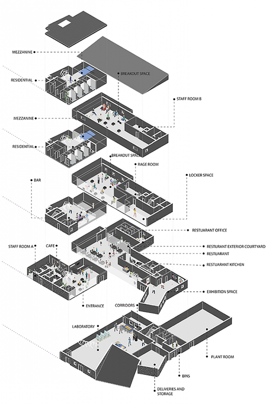 An isometric exploded view of the interior spaces.