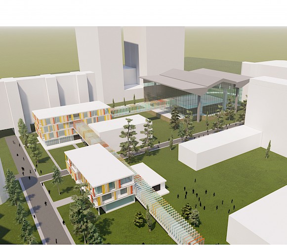 Aerial view of the proposal showing the design route that creates connection through a series of suspended spaces of the design museum.