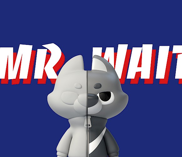 Branding design project, featuring mascot design. The name of the mascot is Called Mr. WAIT, which is also the name of the brand. The main visual image is a mascot design presented as a three-dimensional model.